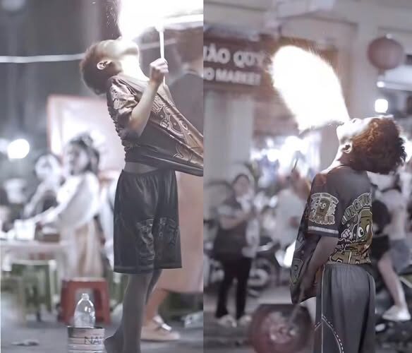 Chăn dắt trẻ em bằng hình thức ngậm dầu phun lửa.